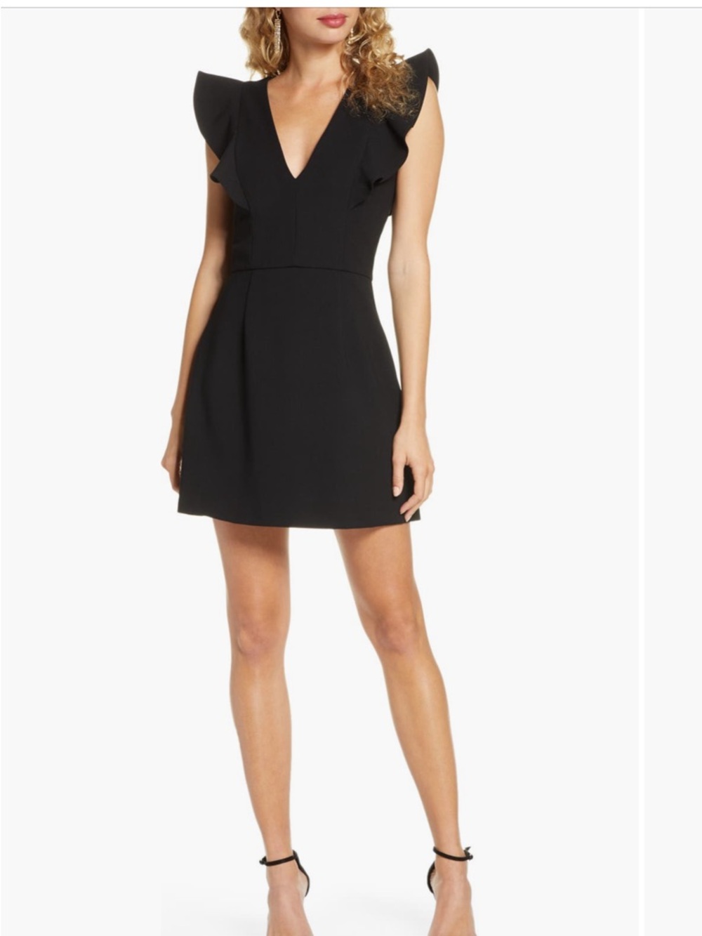 French Connection Black V-Neck Ruffle Sleeve Mini Dress